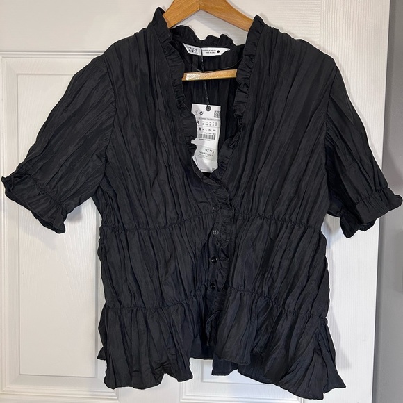 Zara NWT Pleated Black Ruffled Button-Up Blouse- size S - Picture 2 of 8